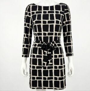 ARMANI EXCHANGE Geometric Embellished Sheath Dress 3/4 Sleeve Black Cream Size 4